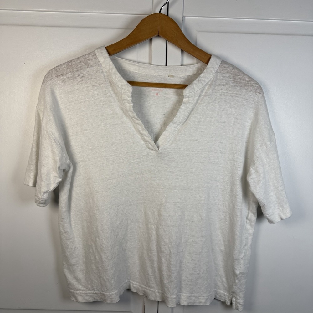 Boden Top Women's Medium Notch Neck Linen Henley Blouse Short Sleeve White
